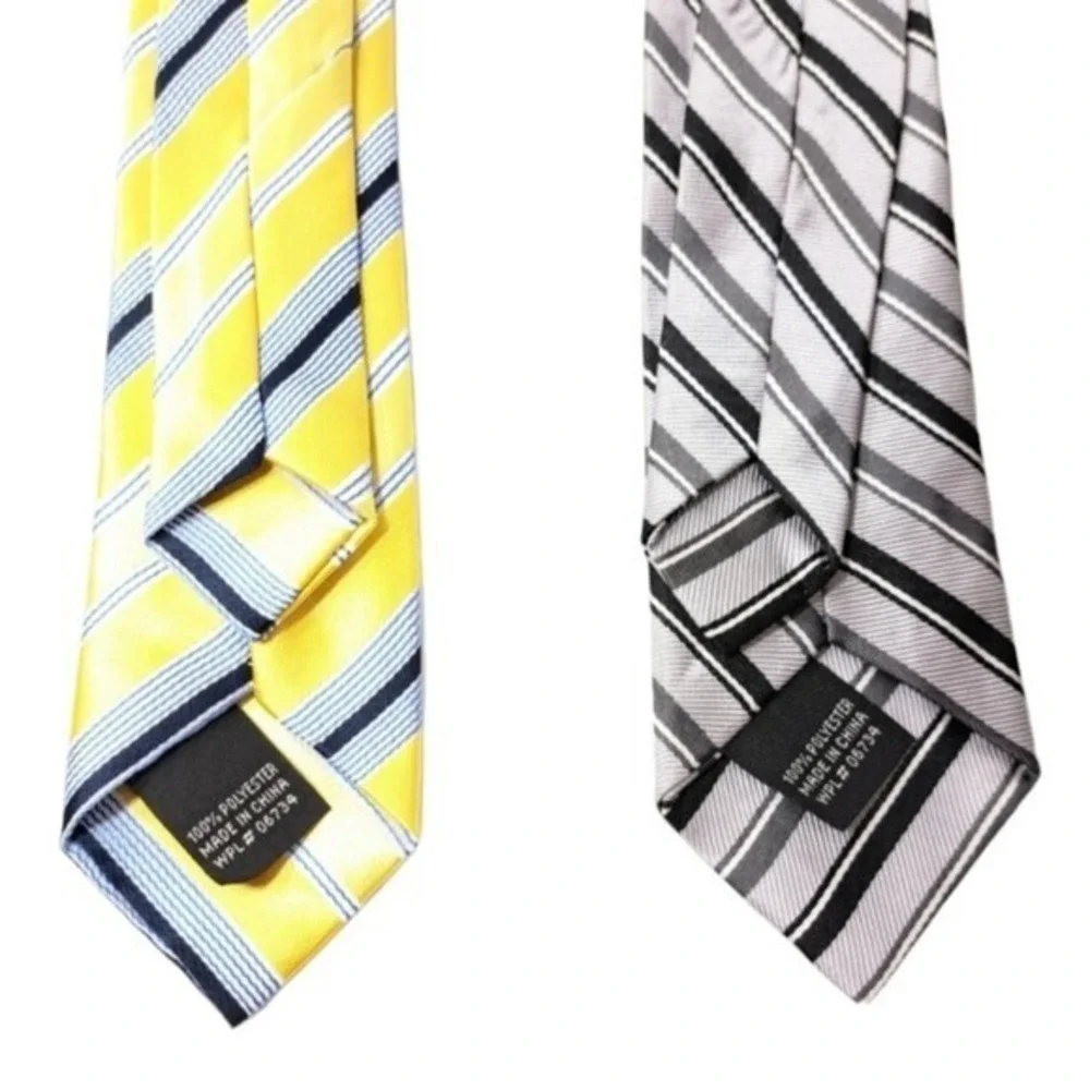 LOT OF 2 Boys Clip Tie Yellow Blue White and Silver Black Gray Stripes